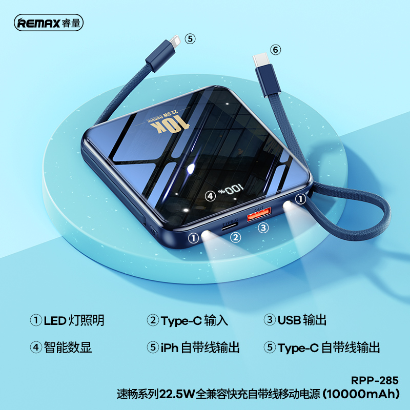 RPP-285速畅系列 22.5W全兼容快充自带线移动电源 (10000mAh)